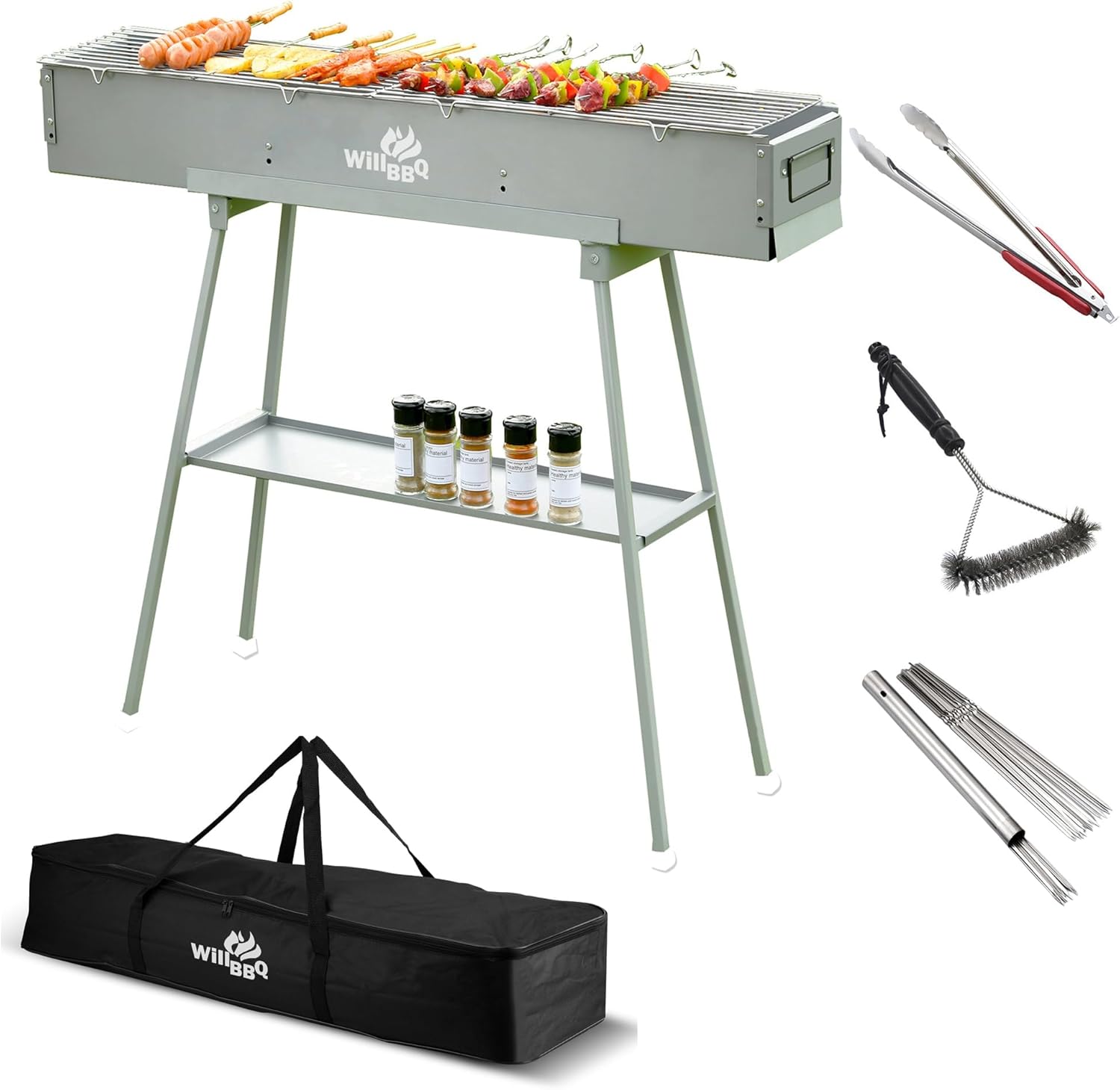 WILLBBQ Charcoal Grills Commercial Quality Portable Multiple Size Hibachi BBQ Lamb Skewer Folded Camping Barbecue Grill(39.4x7.1x5.1 inch With Accessories) and BBQ Bag