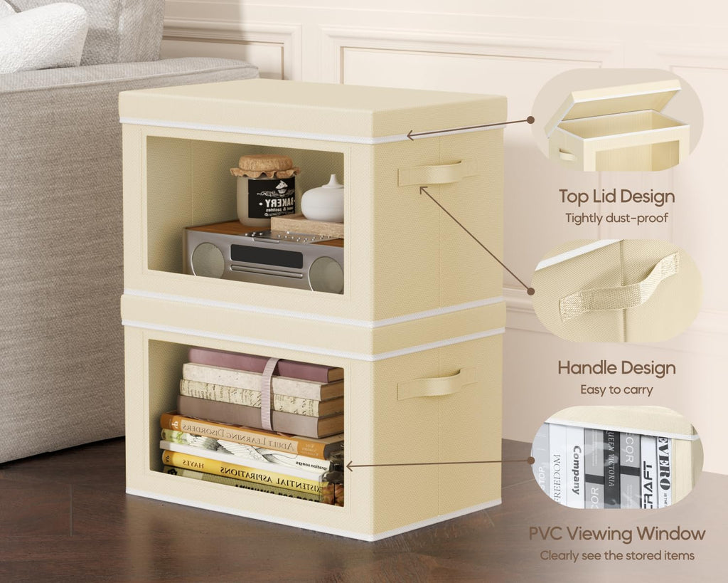 Homsorout Collapsible Storage Bins with Lids - Stackable Storage Containers with Window, 6 Pack Fabric Organizing Bins for Closet, Home & Office Organization Baskets, Beige, 14.9" x 9.8" x 9.8"