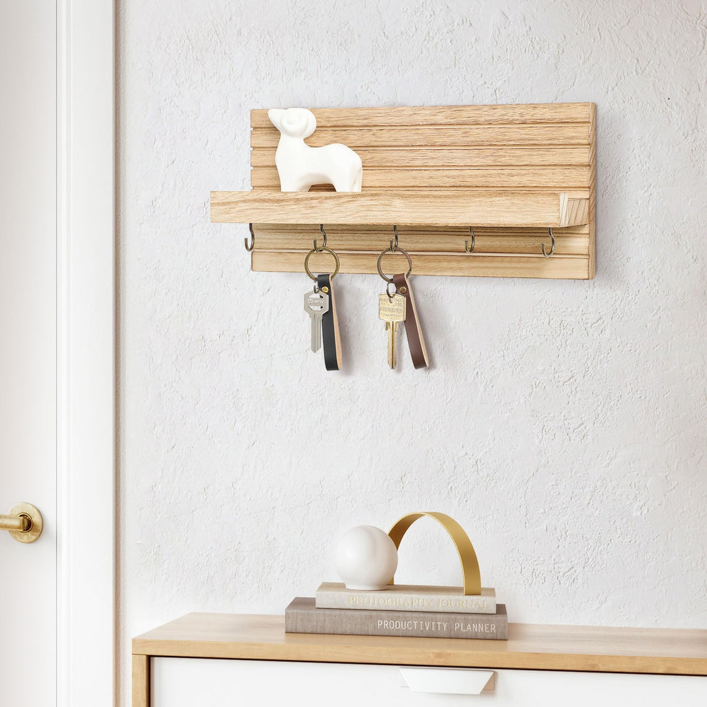 Decorative Key Holder for Wall with Shelf, Entryway Shelf with Hooks Holds Leashes, Jackets and Glasses – Sturdy Wood Keyholder Entrance Hanger with Mounting Hardware (Black, Medium)