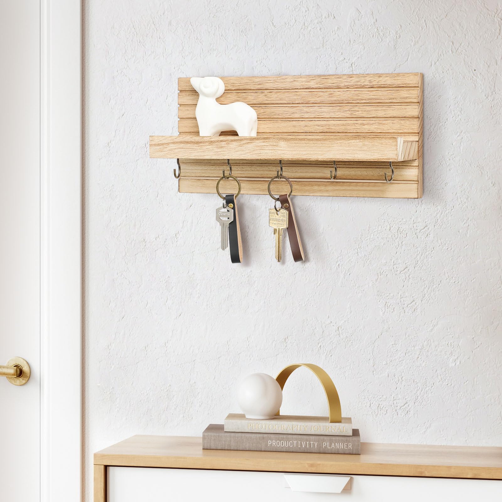 Decorative Key Holder for Wall with Shelf, Entryway Shelf with Hooks Holds Leashes, Jackets and Glasses – Sturdy Wood Keyholder Entrance Hanger with Mounting Hardware (Black, Medium)
