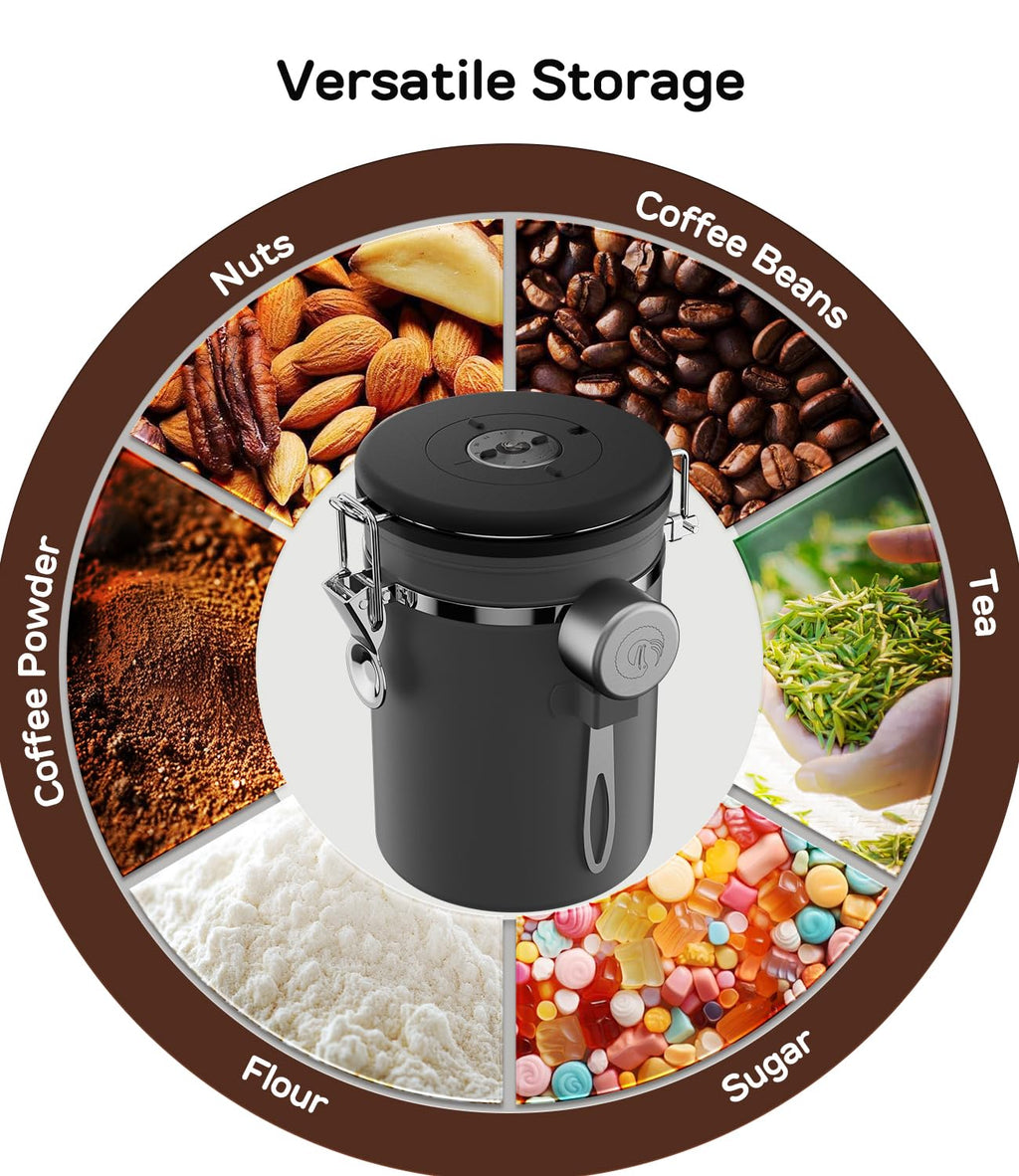 Coffee Gator Stainless Steel Canister - Medium 16oz, Gray Coffee Grounds and Beans Container with Date-Tracker, CO2-Release Valve, and Measuring Scoop - Ideal Coffee Lovers Gifts