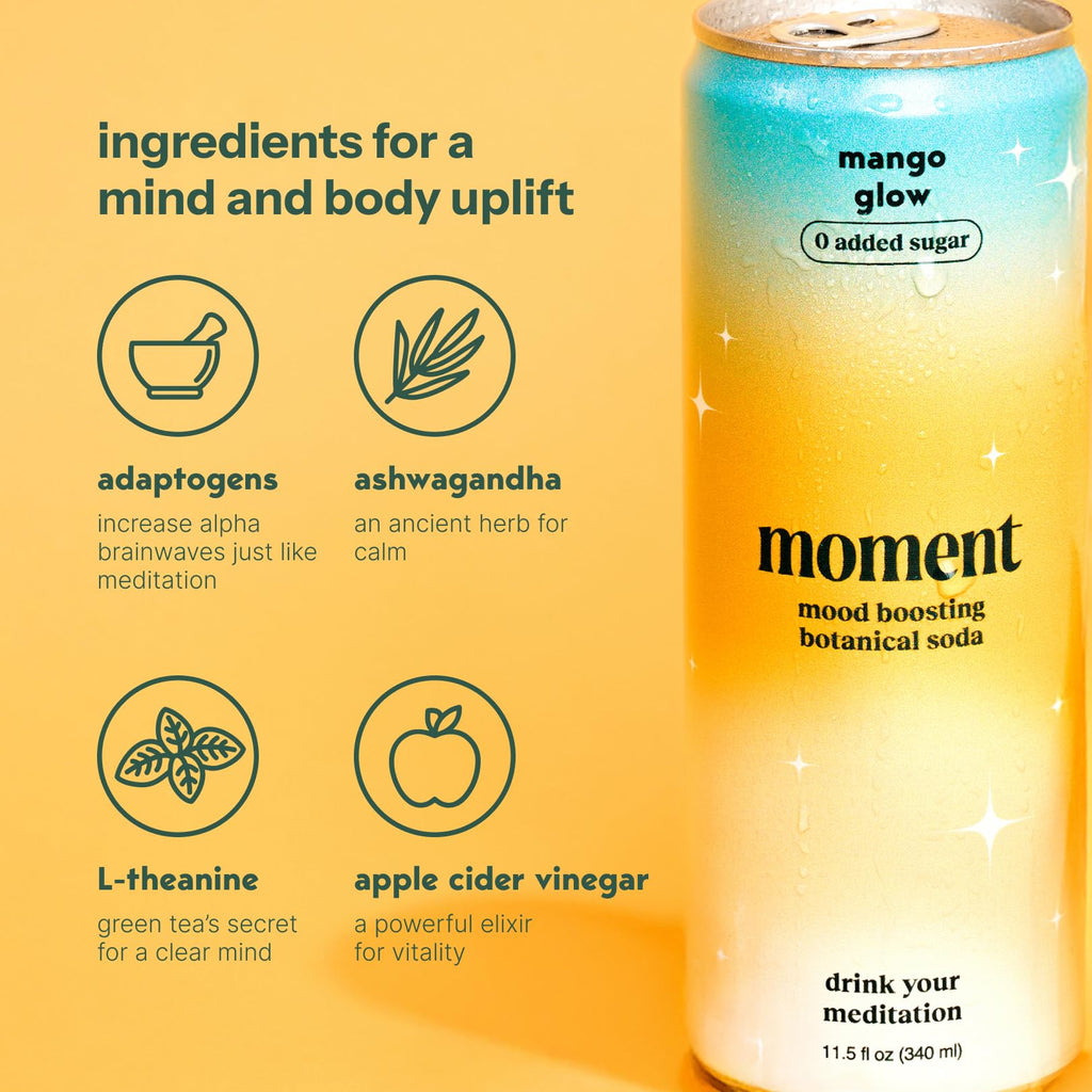 Moment Botanical Soda (Shark Tank) - Calm, Clarity & Relaxation with L-Theanine & Ashwagandha - Non Alcoholic Drinks for Adults - Sparkling Adaptogen Drink - 0 Sugar 0 Caffeine - 12 Pack 11.5 fl oz