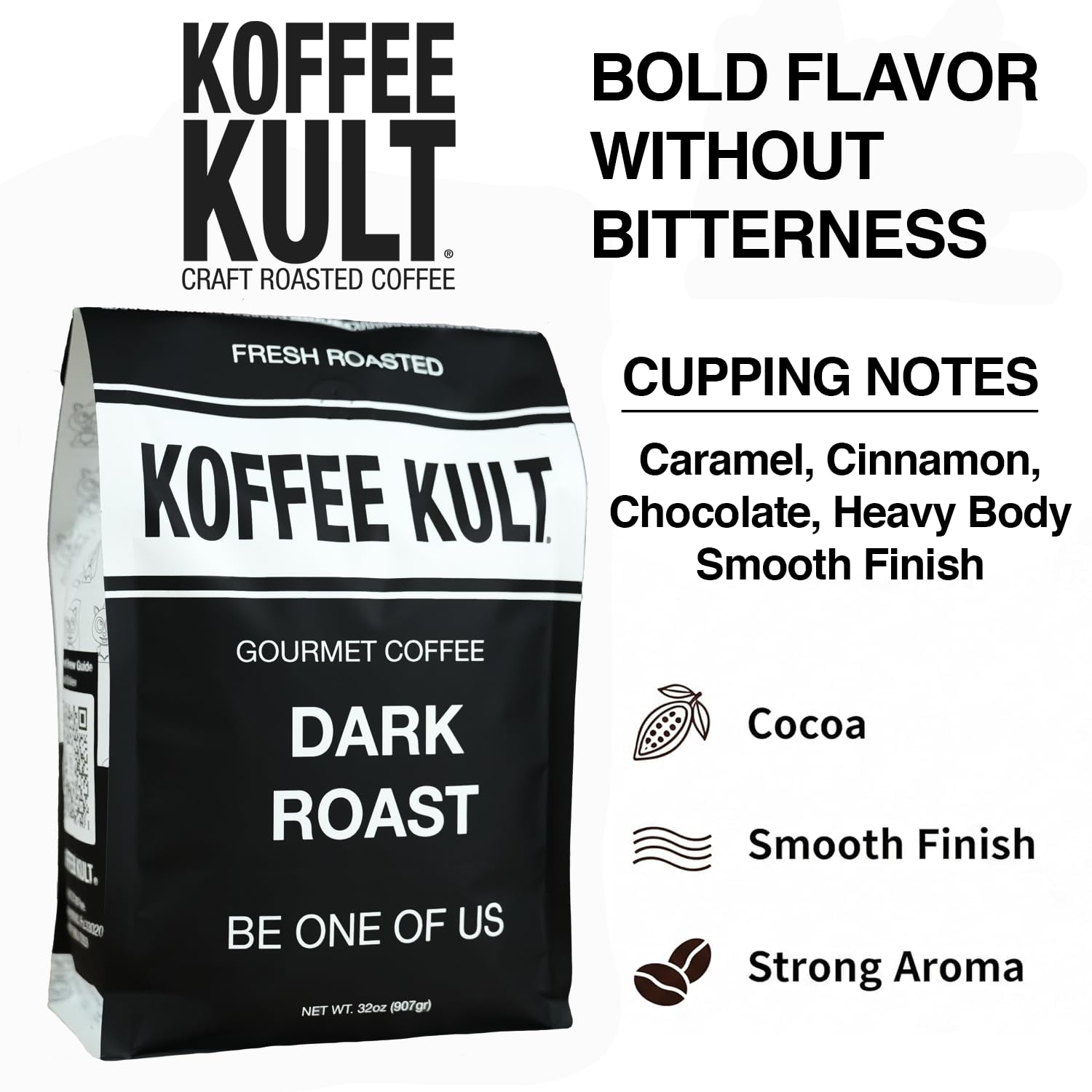 Koffee Kult Dark Roast Whole Bean Coffee - Small Batch 100% Arabica Gourmet Blend, Smooth and Well Balanced Artisan Roasted in 32oz Resealable Package