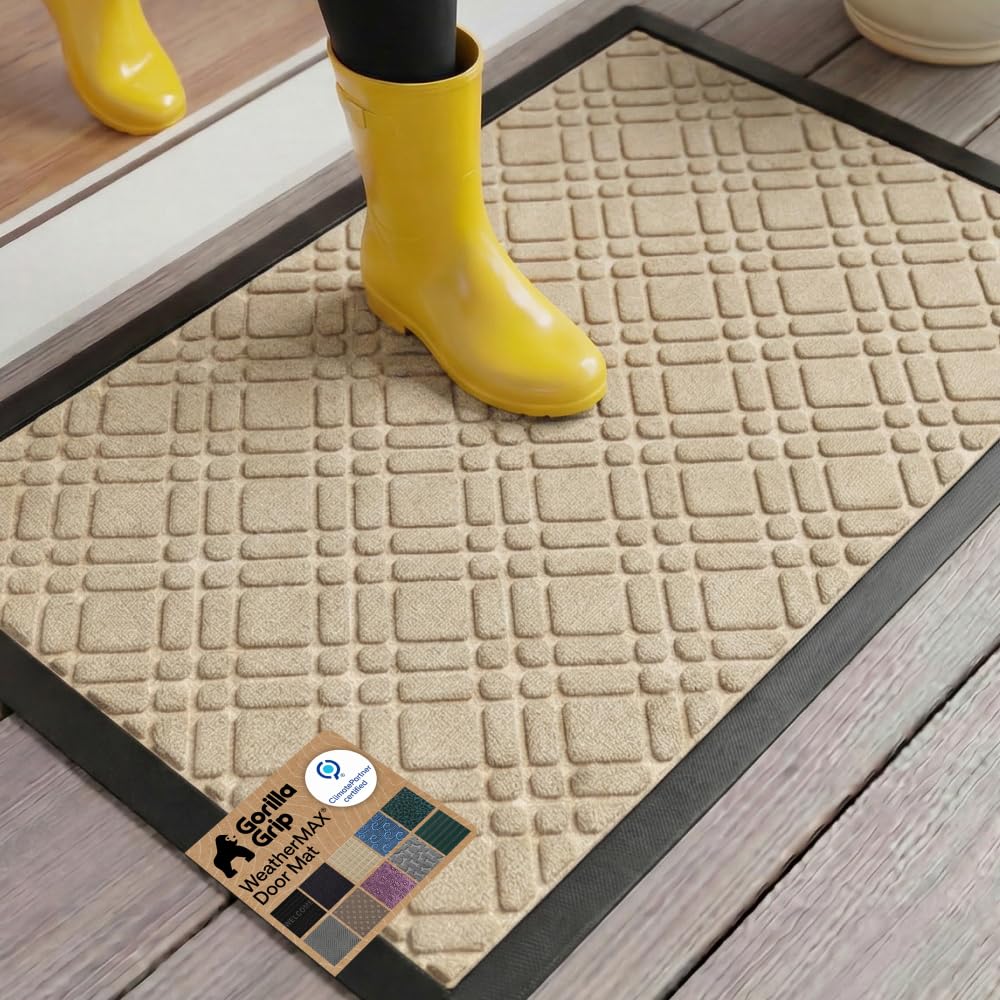 GORILLA GRIP 100% Waterproof All-Season WeatherMAX Doormat US Designed Natural Rubber, Stain Fade Resistant, Low Profile Indoor Outdoor Front Door Mats Outside Entrance, Easy Clean 29x17 Gray Diamond