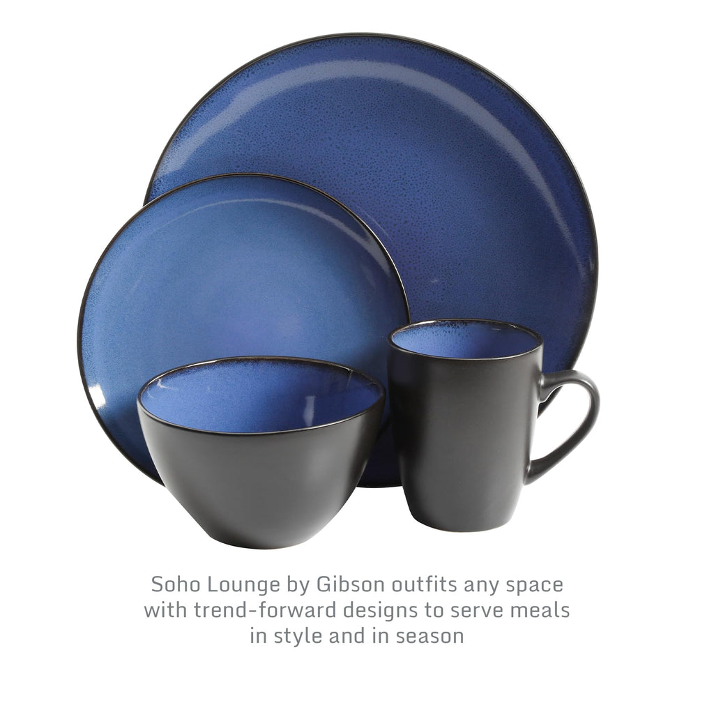 Gibson Elite Soho Lounge Round Reactive Glaze Stoneware Dinnerware Set, Service for 4 (16pc), Blue, Soho Round.