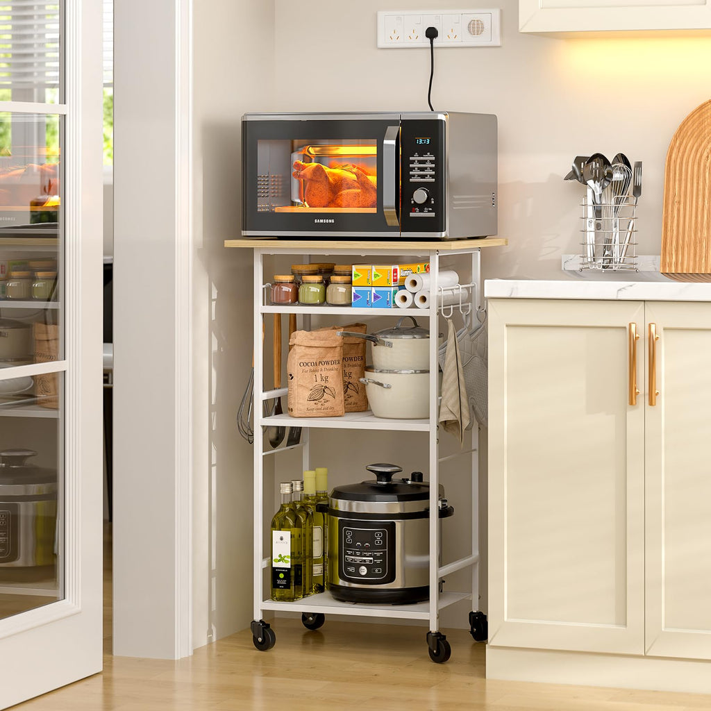 ThreeHio Rolling Kitchen Microwave Cart, 3 Tier Microwave Table Stand with Adjustable Shelf, Kitchen Storage Rack on Wheels, Coffee Station Cart Rack Shelf Organizer for Living Room Office, Balcony