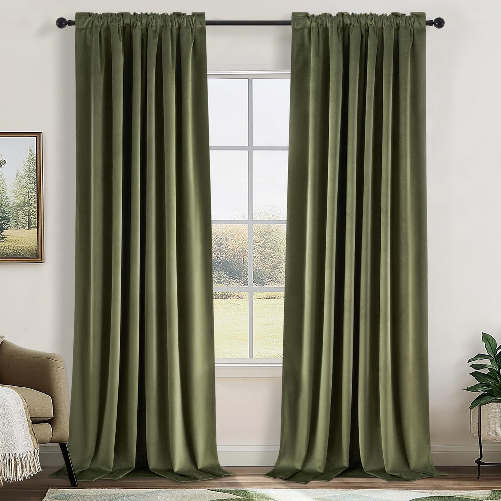 Topfinel Olive Green Velvet Blackout Curtains 84 Inches Long, Soundproof Room Darkening Dark Green Forest Green Thermal Insulated Boho Elegant Moody Back Tab Curtains for Living Room Bedroom 2 Panels