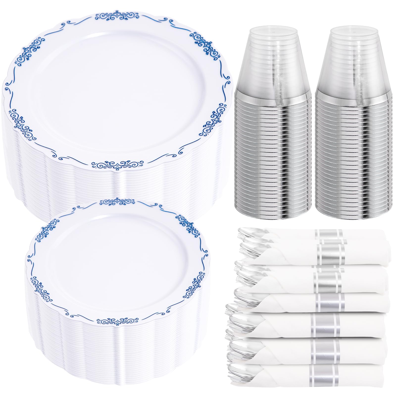 DaYammi 350PCS Gold Plastic Dinnerware Set for 50 Guests, Fancy Disposable Plates for Party, Include: 50 Dinner Plates, 50 Dessert Plates, 50 Pre Rolled Napkins with Gold Silverware, 50 Cups