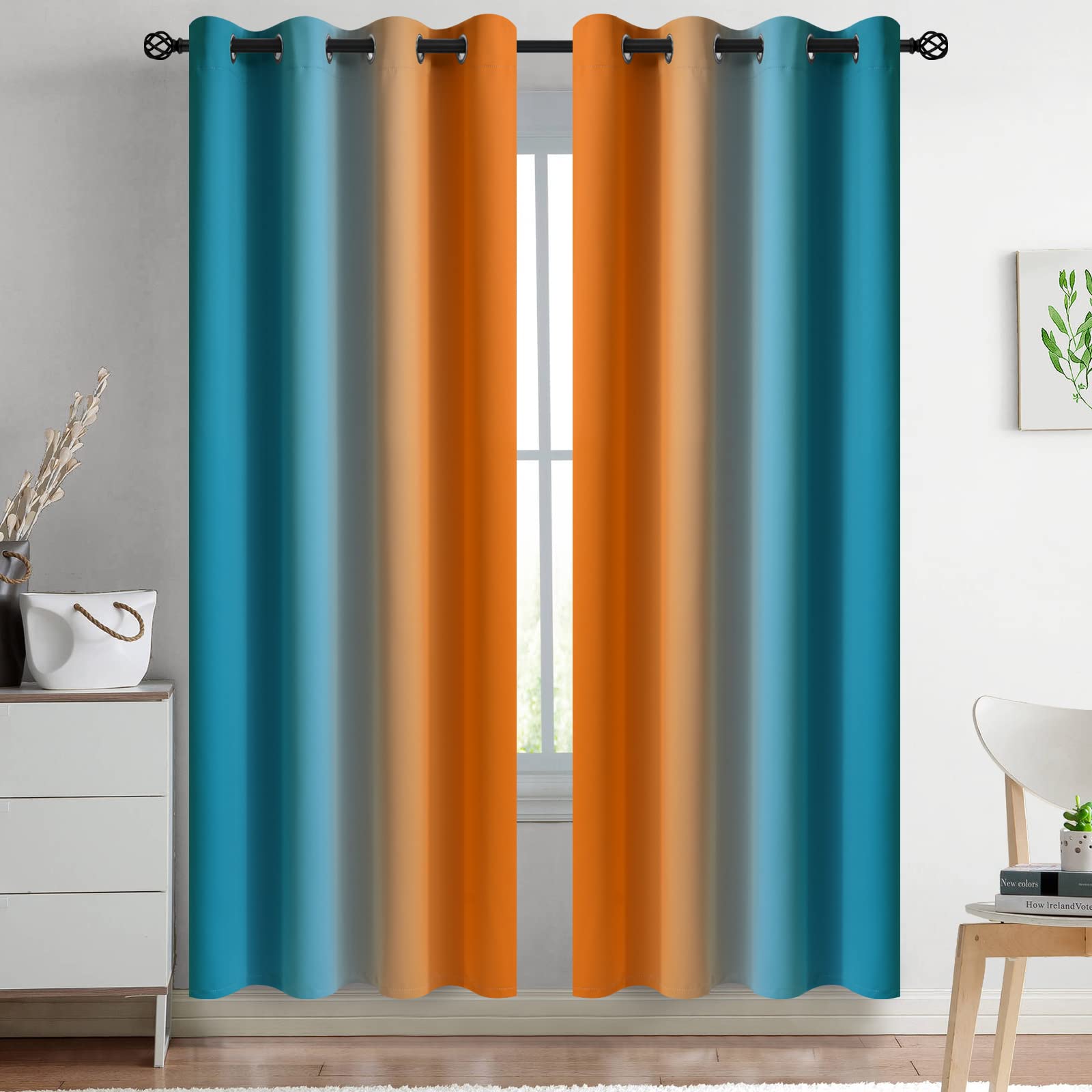 Yakamok Blue and Greyish White Ombre Curtains, Room Darkening Gradient Color Curtains for Bedroom, Light Blocking Thermal Insulated Window Drapes for Living Room(2 Panels, 52x84 Inch)