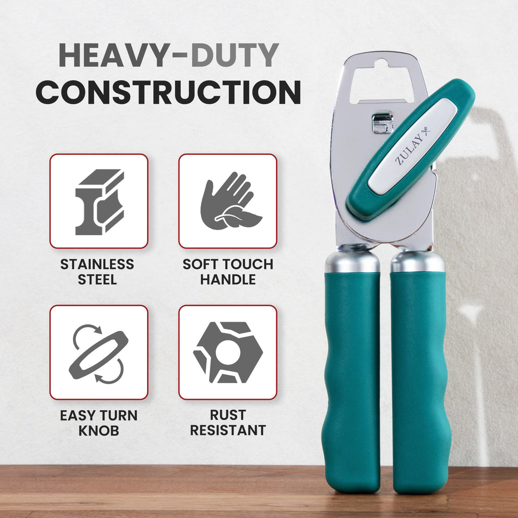 Zulay Kitchen COMFY™ Can Opener Manual with Bottle Opener - Rust Proof Stainless Steel Manual Can Opener With Turn Knob & Comfy Soft Grip Handles - Black