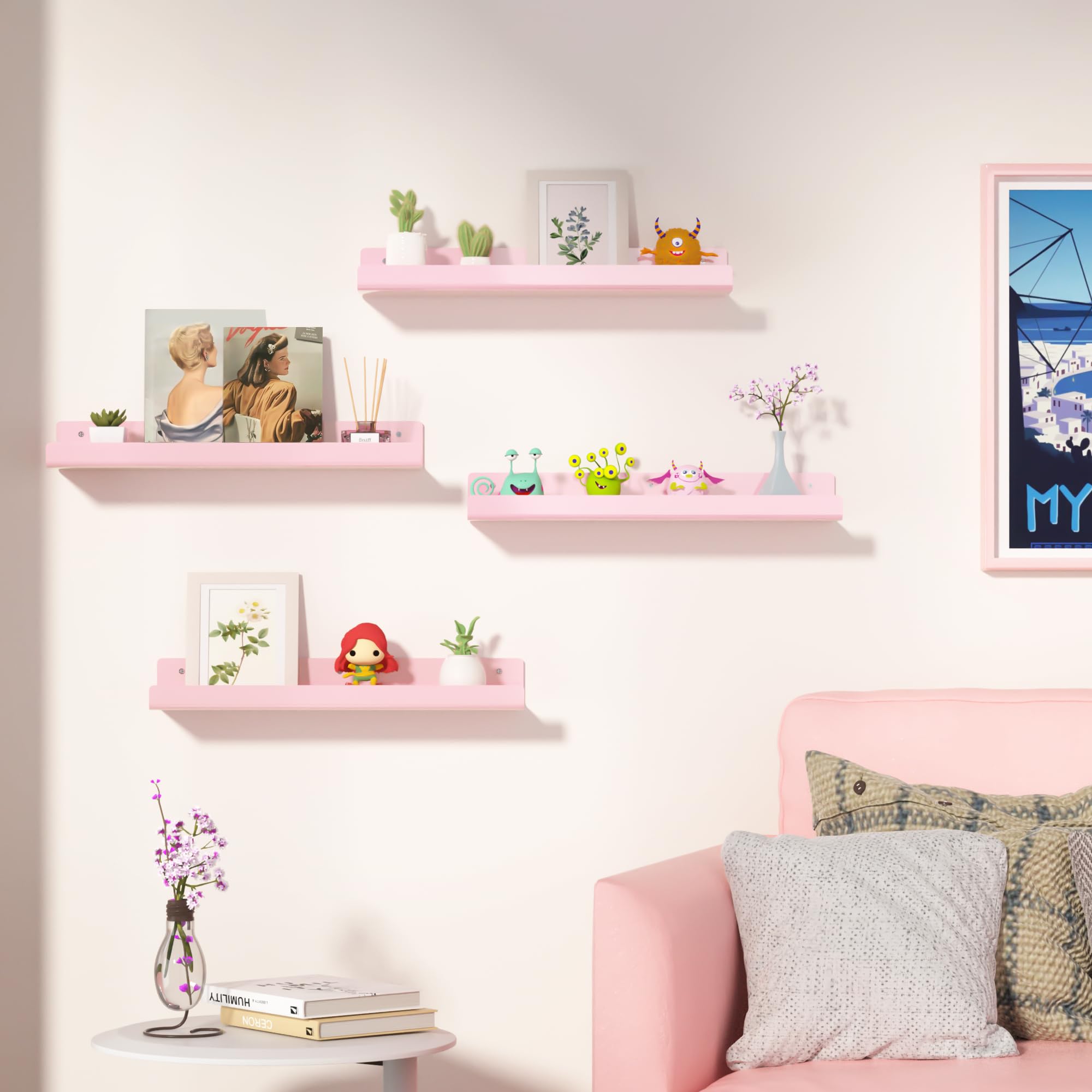 upsimples Acrylic Shelves for Bathroom Storage, 15" Floating Shelves Wall Organizer for Perfume, Make up, Skincare, Kids Bookshelf for Bedroom, Nursery, Living Room Decor, Clear, 4 Pack