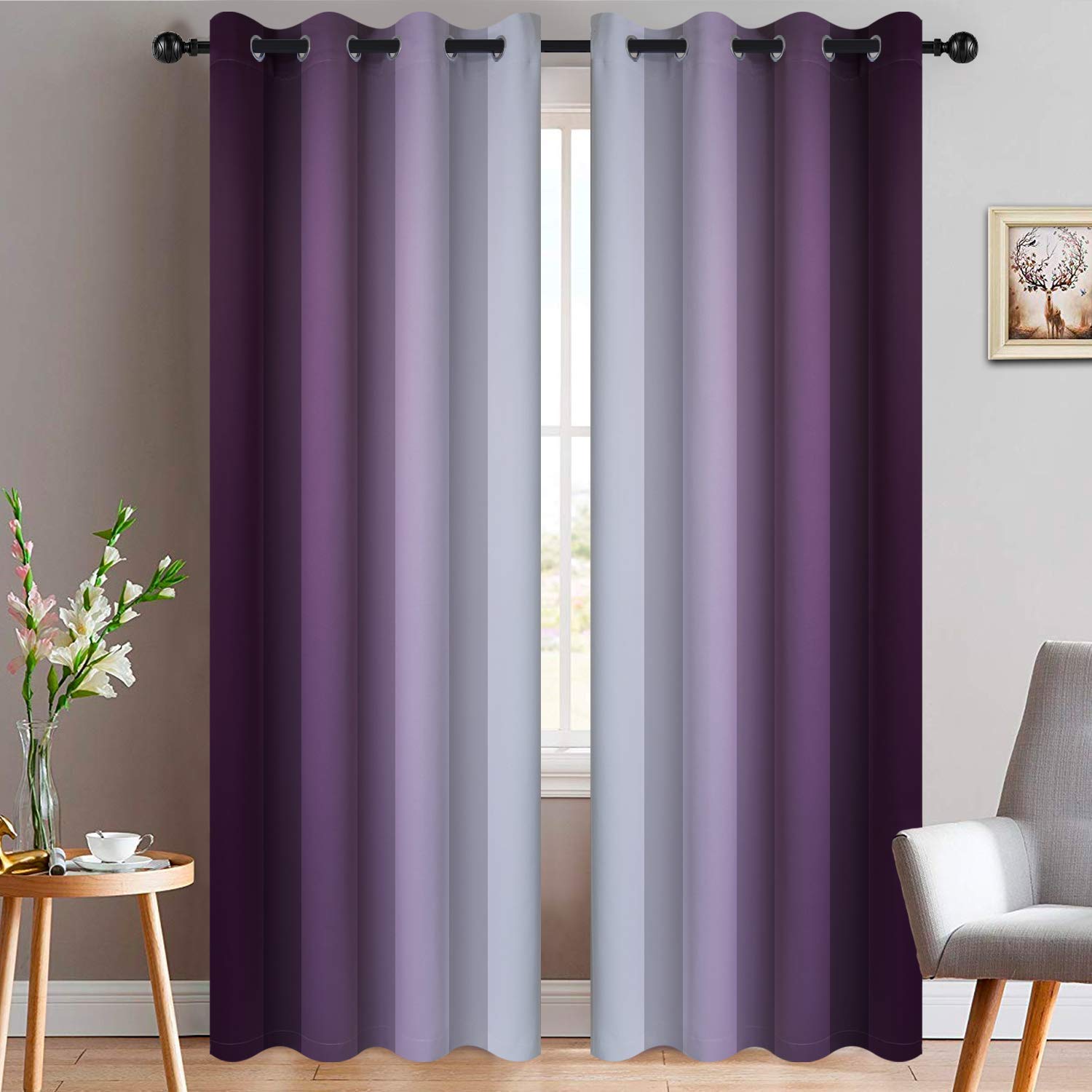 Yakamok Blue and Greyish White Ombre Curtains, Room Darkening Gradient Color Curtains for Bedroom, Light Blocking Thermal Insulated Window Drapes for Living Room(2 Panels, 52x84 Inch)