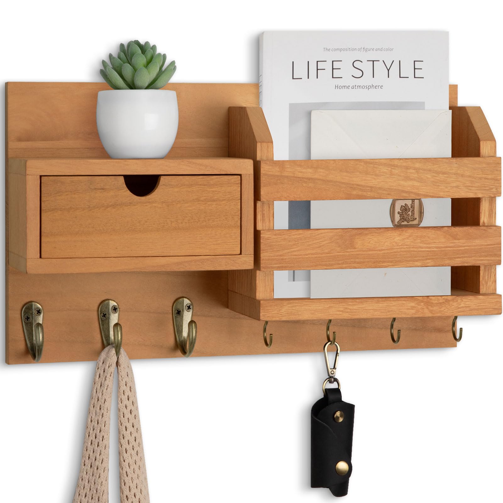 Wall Mount Key Holder with Mail Organizer, 100% Paulownia Wood, 7 Metal Hooks, Storage Drawer, Entryway Home Decor (Brown)