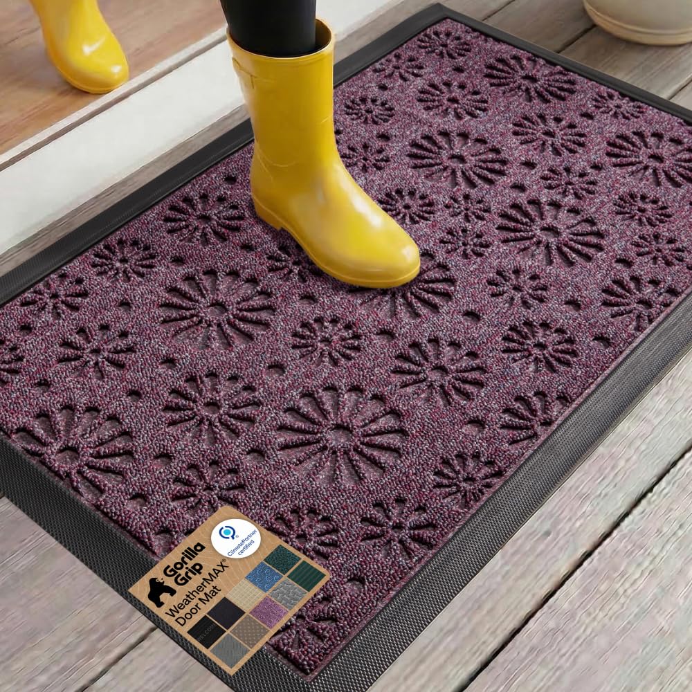 GORILLA GRIP 100% Waterproof All-Season WeatherMAX Doormat US Designed Natural Rubber, Stain Fade Resistant, Low Profile Indoor Outdoor Front Door Mats Outside Entrance, Easy Clean 29x17 Gray Diamond
