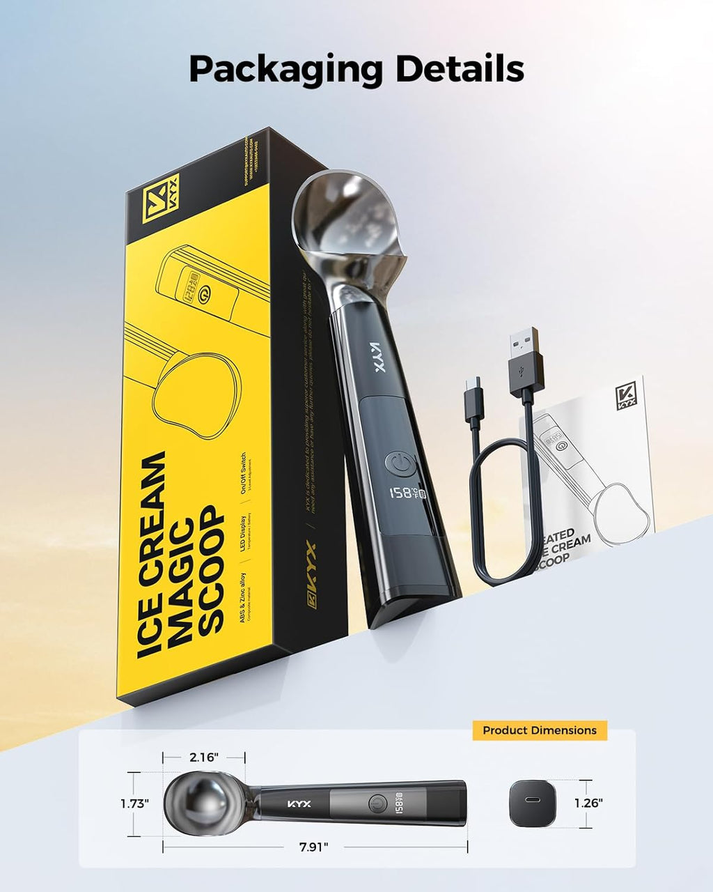 KYX Heated Ice Cream Scoop, Electric Ice Cream Scoop with 3 Temperature Settings, 3200mAh Battery, ON/OFF and LED Display, Ideal for Scooping Hard Ice Cream, Gelato & Frozen Desserts