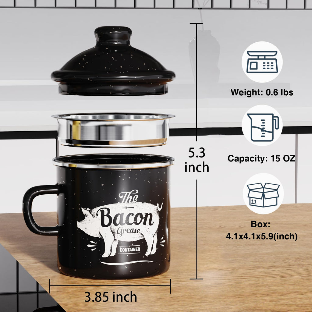PGYARD Mini Bacon Grease Container With Strainer - 15OZ Enamel Grease Saver, Farmhouse Bacon Grease Keeper For Kitchen Fat Storage, Dishwasher Safe-Red