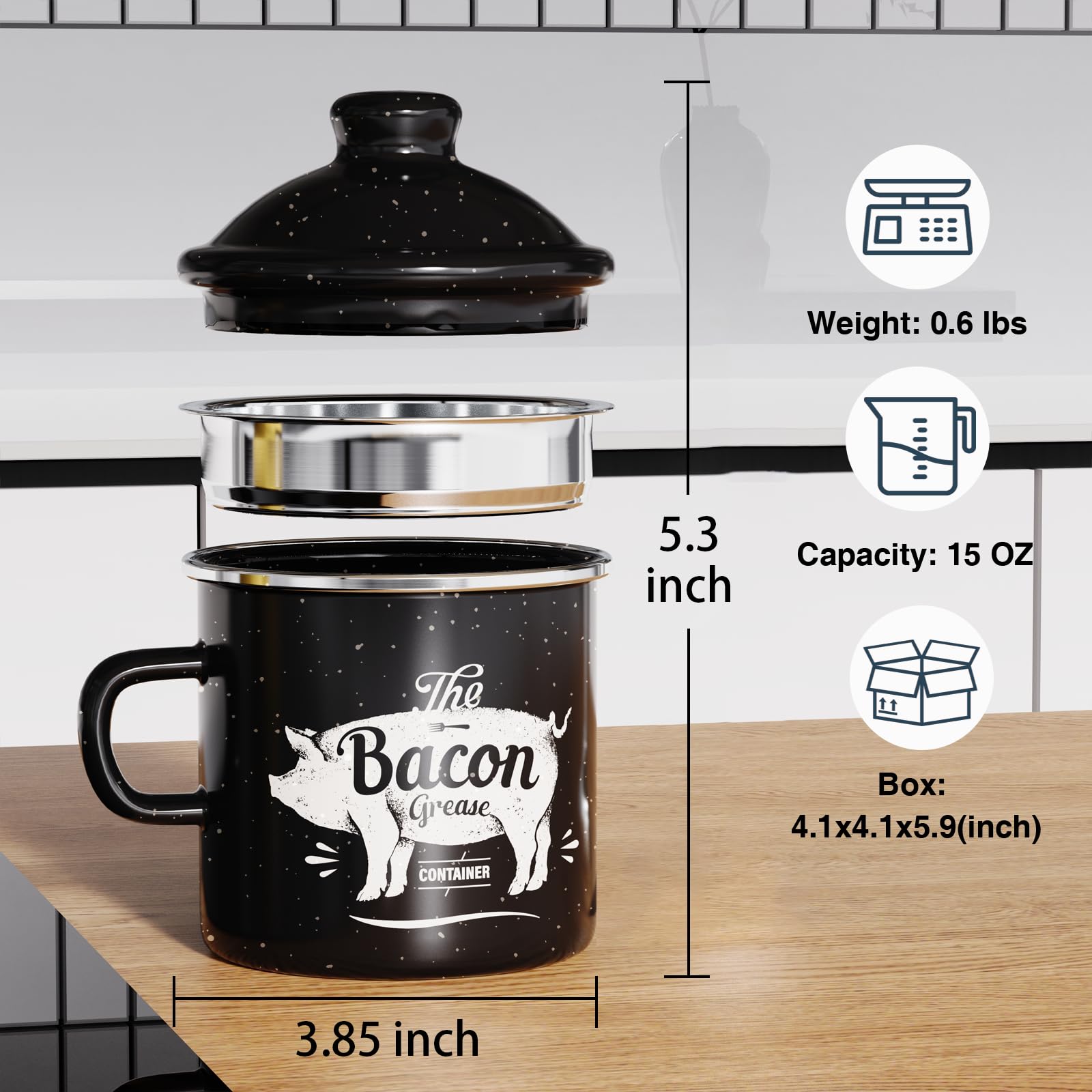 PGYARD Mini Bacon Grease Container With Strainer - 15OZ Enamel Grease Saver, Farmhouse Bacon Grease Keeper For Kitchen Fat Storage, Dishwasher Safe-Red