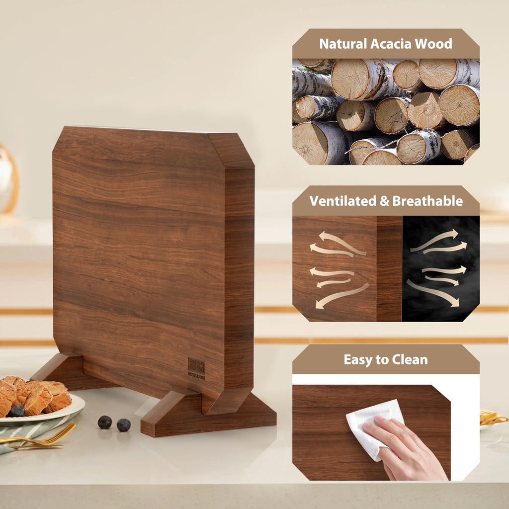 HOSHANHO Magnetic Knife Block 14 x 10 Inches, Double Sided Magnetic Knife Holder Rack for Kitchen Counter, Acacia Wood Magnetic Knife Storage Stand with Knife Sharpener