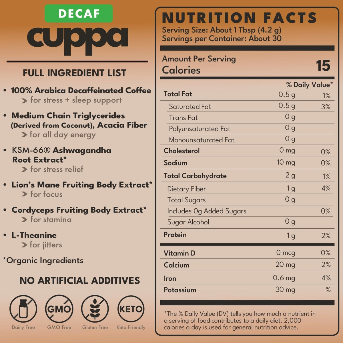 Cuppa Medium Roast Mushroom Coffee with Adaptogens & Superfoods - Lion’s Mane, Ashwagandha & Cordyceps. Adaptogens + MCT to support natural energy, mental focus & gut health (30 Servings)