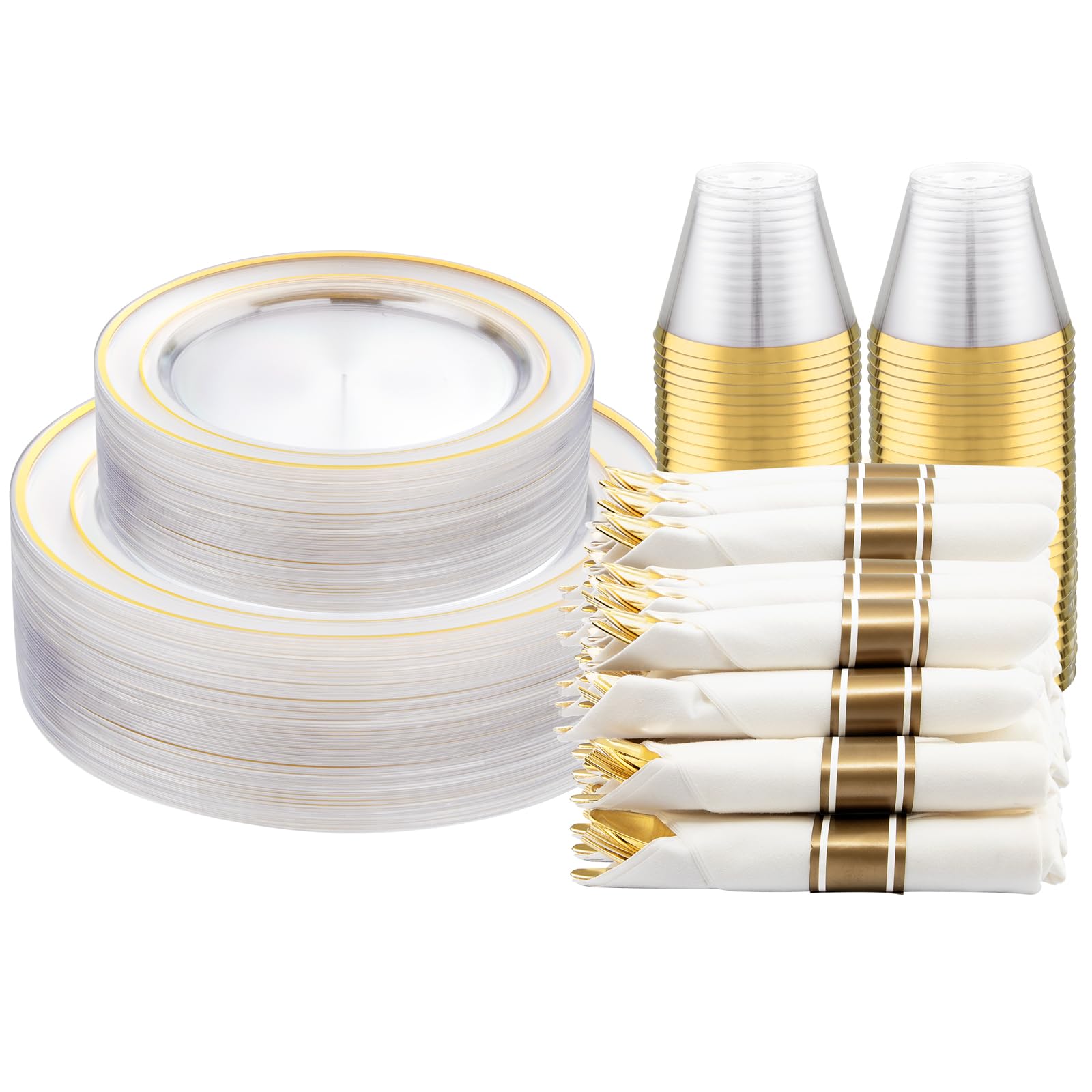 DaYammi 350PCS Gold Plastic Dinnerware Set for 50 Guests, Fancy Disposable Plates for Party, Include: 50 Dinner Plates, 50 Dessert Plates, 50 Pre Rolled Napkins with Gold Silverware, 50 Cups