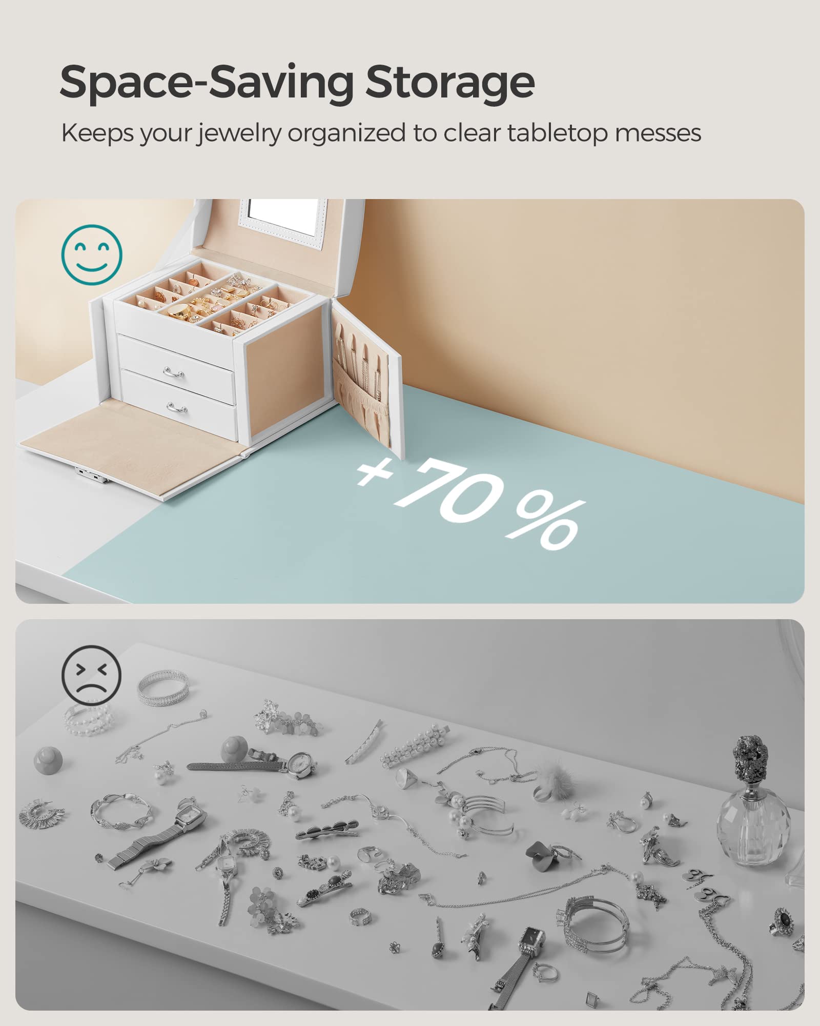 SONGMICS 3-Tier Jewelry Box, Travel Jewelry Case with Handle, 2 Drawers, Lockable Jewelry Organizer with Mirror, Jewelry Storage, Modern Style, Gift for Loved Ones, White UJBC154W01