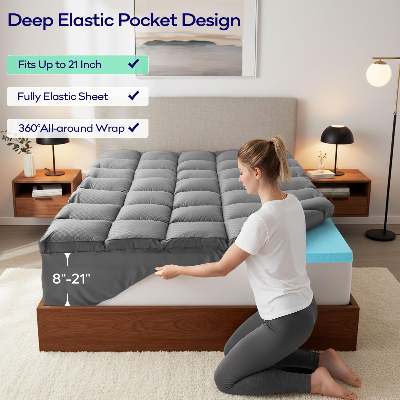 OLANLY Dual-Layer 4 Inch Queen Size Memory Foam Mattress Topper for Back Pain, 2 Inch Cooling Pillow Top Mattress Pad Cover and 2 Inch Gel Memory Foam Topper, Deep Elastic Pocket, Grey
