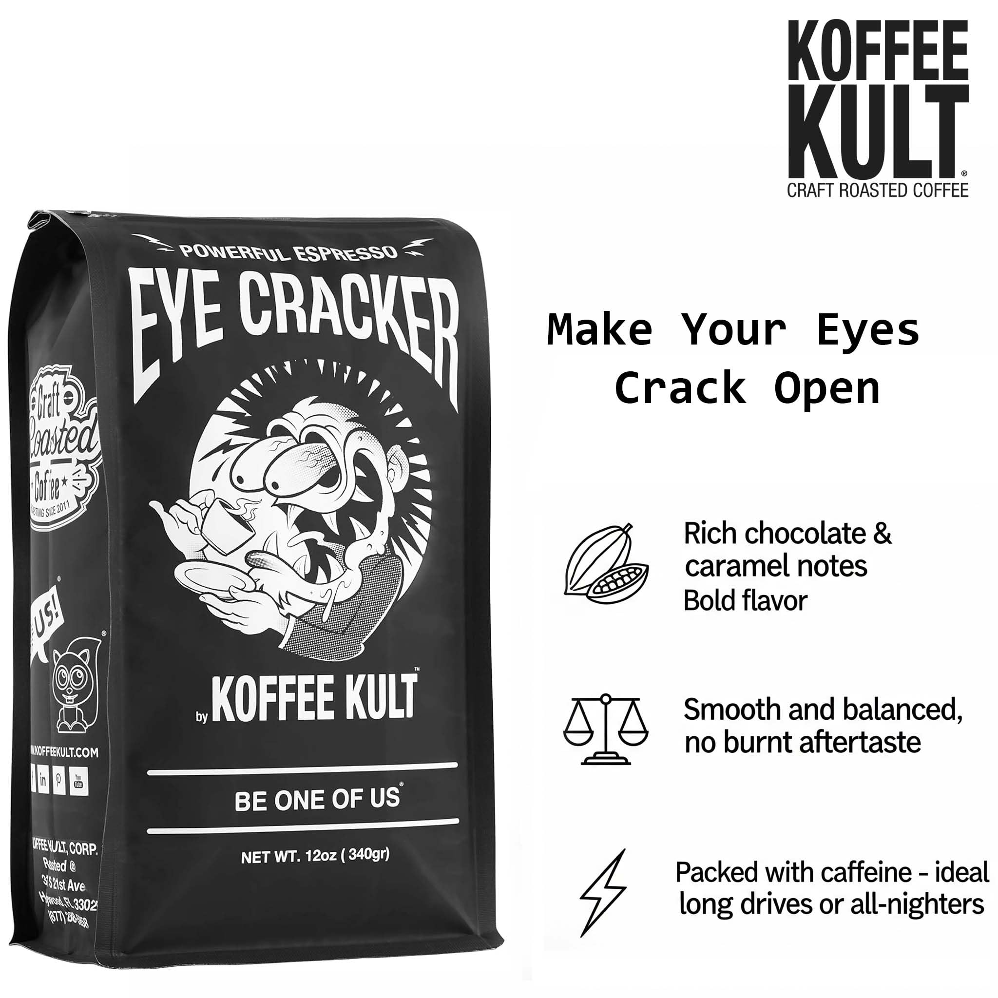 Koffee Kult Eye Cracker Espresso Coffee Beans - Bright, Bold Medium Roast with a Citrus Twist Coffee Crema - Artisan Roasted Fresh 100% Arabica Speciality Grade Coffee (Whole Bean, 32oz)