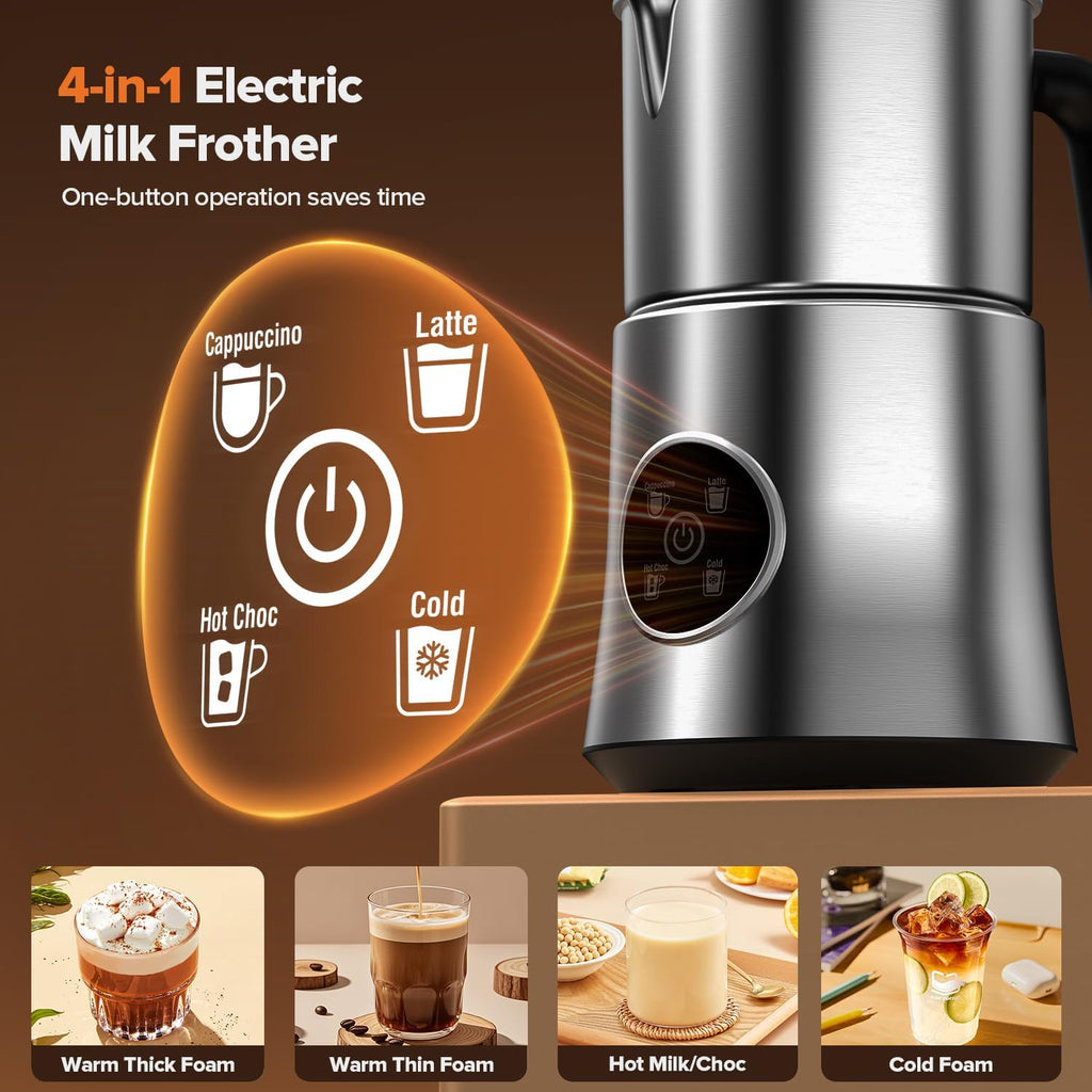 Milk Frother and Steamer, Electric Frother with Detachable Stainless Steel Jug, Hot & Cold Foam Maker for Latte, Cappuccino, Coffee, 4-in-1 Automatic Milk Warmer, 17oz Heat