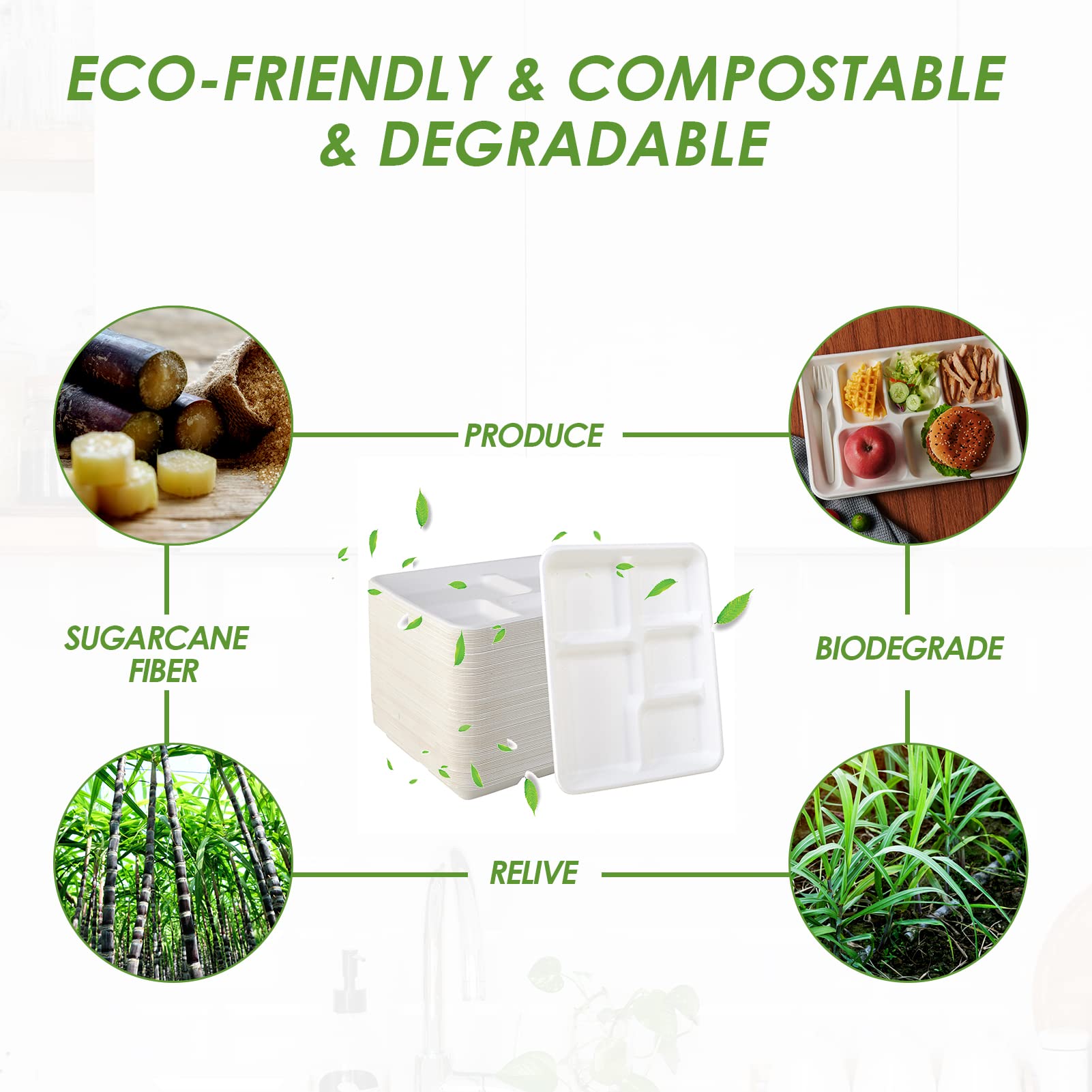 Vplus 100% Compostable 6 Compartment Plates, 90 Pack Compartment Paper Plate, 12.5x8.6 inch Disposable School Lunch Trays, Eco-Friendly Bagasse Plates for School Lunch, Buffet, and Party