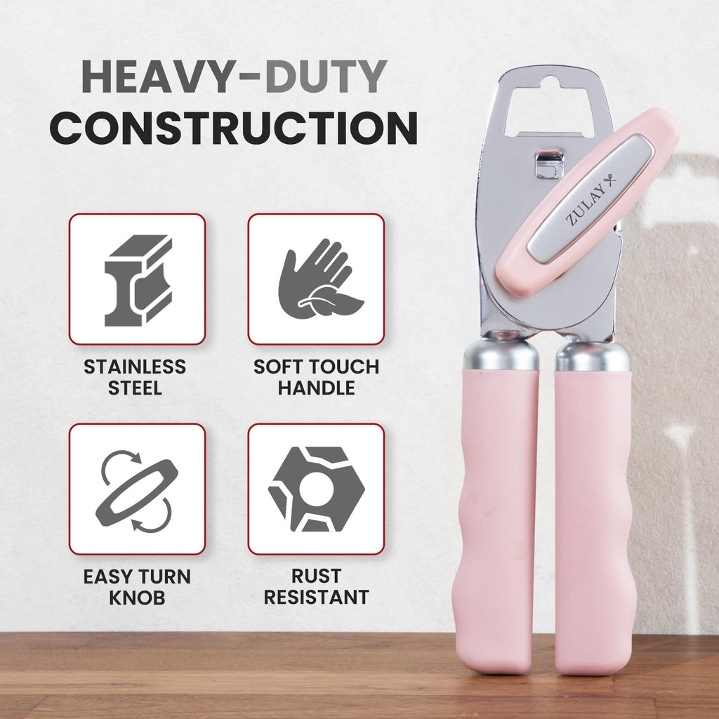 Zulay Kitchen COMFY™ Can Opener Manual with Bottle Opener - Rust Proof Stainless Steel Manual Can Opener With Turn Knob & Comfy Soft Grip Handles - Black