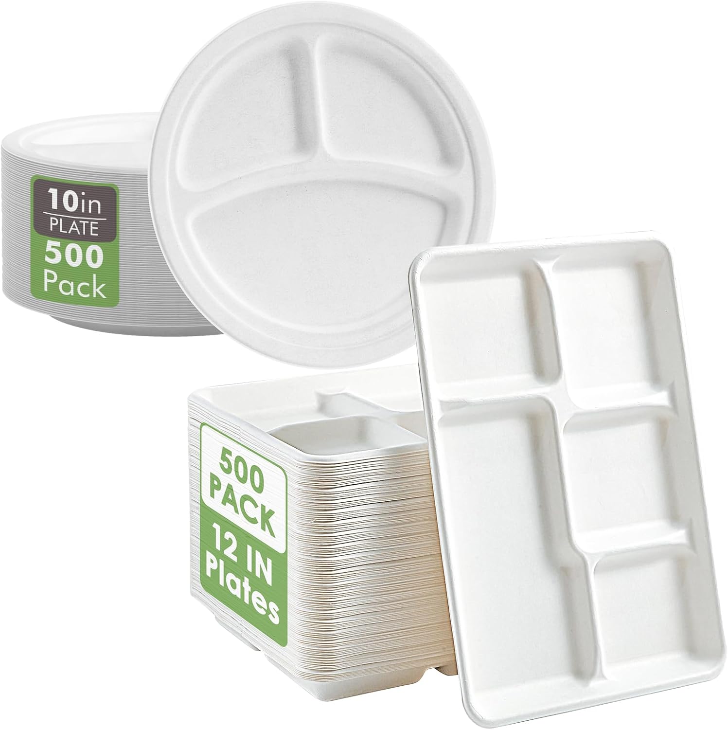 Vplus 500 Pack 5 Compartment Plates and 500 Pack 10 Inch 3 Compartment Plates
