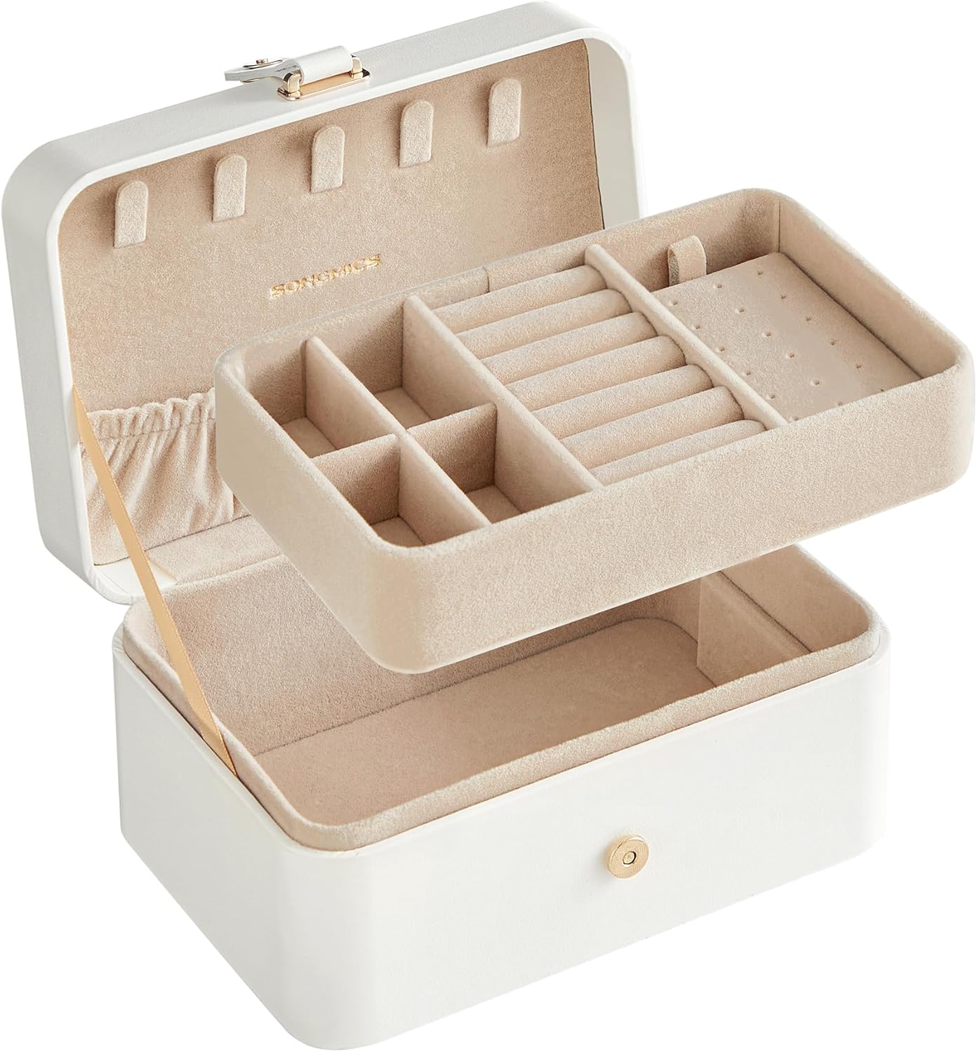 SONGMICS Jewelry Organizer Box, Travel Jewelry Case, 2-Layer Travel Case for Earrings, Necklaces, Bracelets - Portable Jewelry Storage with Large Capacity, Gift Idea, Cloud White UJBC166W01