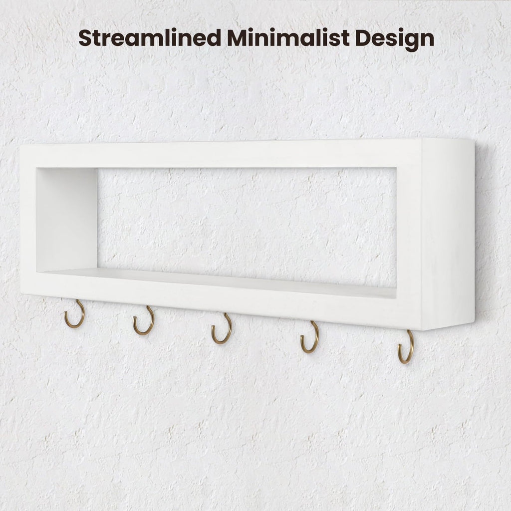 Wall Shelf with Hooks - Decorative Key and Wallet Holder for Wall Holds Sunglasses, Leashes, Scarves and Lanyards - 15.7" x 5.1" x 2.9" Entryway Organizer Made of Paulownia Wood (White)