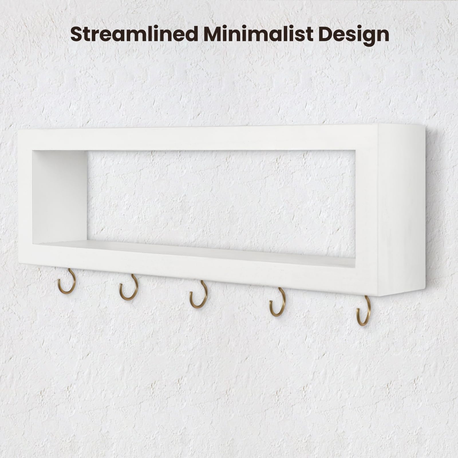 Wall Shelf with Hooks - Decorative Key and Wallet Holder for Wall Holds Sunglasses, Leashes, Scarves and Lanyards - 15.7" x 5.1" x 2.9" Entryway Organizer Made of Paulownia Wood (White)