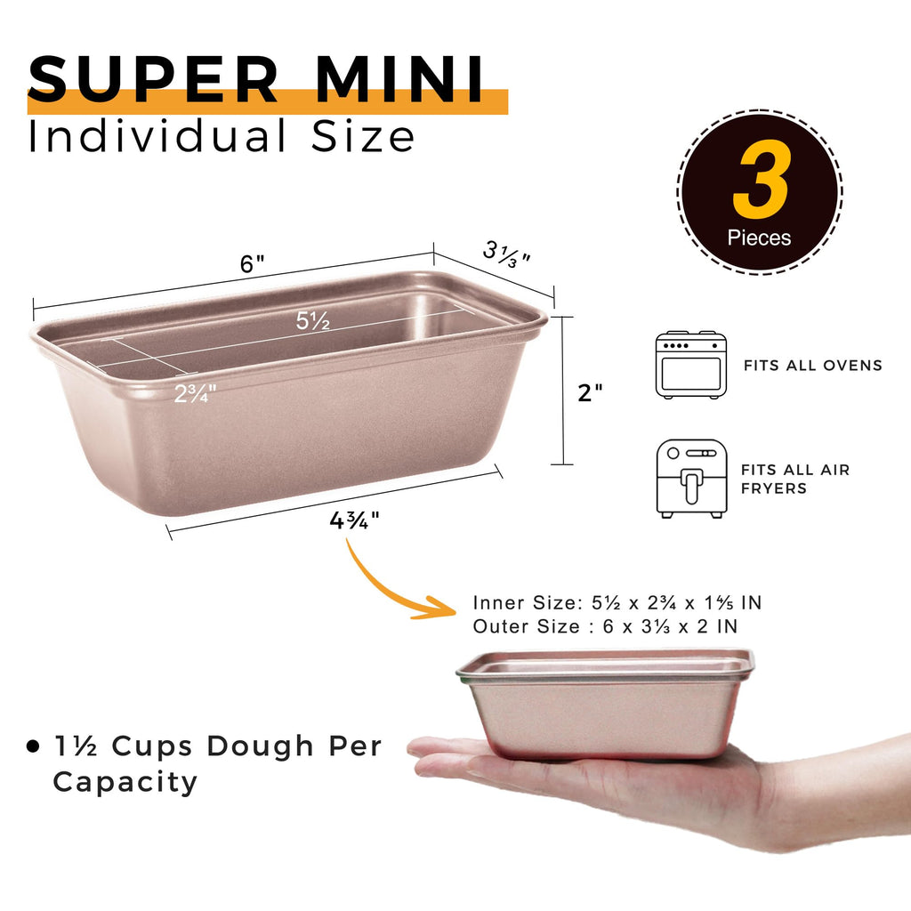 HONGBAKE Mini Loaf Pan for Baking Bread, 6 x 3.3 x 2 In Nonstick Small Banana Bread Tins Set of 3, Tiny Carbon Steel Meatloaf Pan - Dark Grey