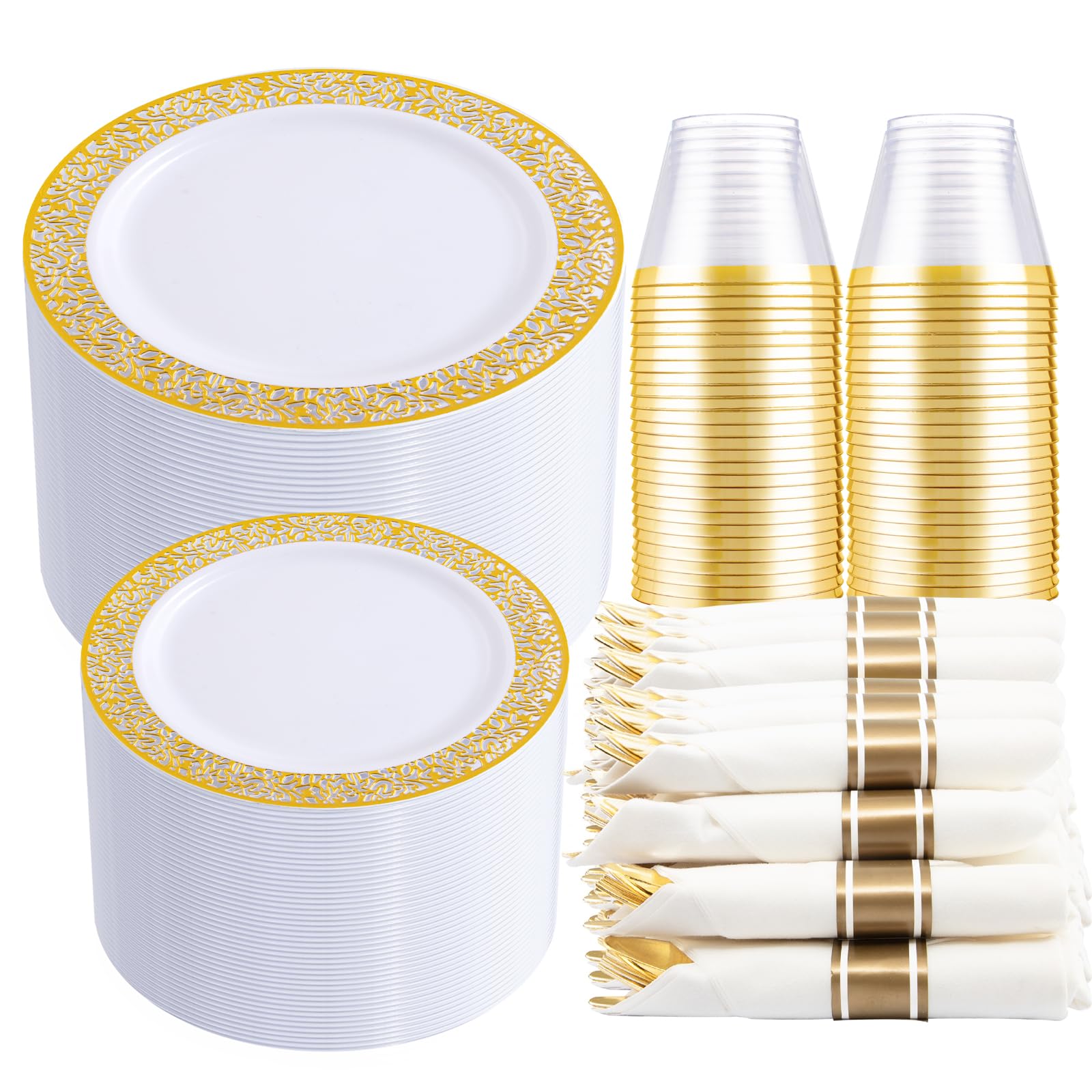 DaYammi 350PCS Gold Plastic Dinnerware Set for 50 Guests, Fancy Disposable Plates for Party, Include: 50 Dinner Plates, 50 Dessert Plates, 50 Pre Rolled Napkins with Gold Silverware, 50 Cups