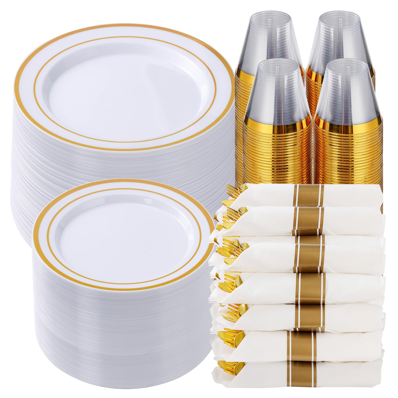 Goodluck 350 Piece Silver Plastic Dinnerware Set for 50 Guests, Fancy Disposable Plates for Party, Include: 50 Dinner Plates, 50 Dessert Plates, 50 Pre Rolled Napkins with Silver Silverware, 50 Cups