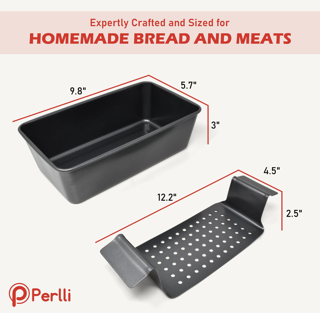 PERLLI Meat Loaf Pan with Drip Tray – 2 Pc. 9.8 x 5.7 In. High-Carbon-Steel Nonstick Meatloaf Pan with Drain Tray – Large BPA-Free Oven Loaf Pan for Baking, Bread, Cakes, Roasting Meat, & More