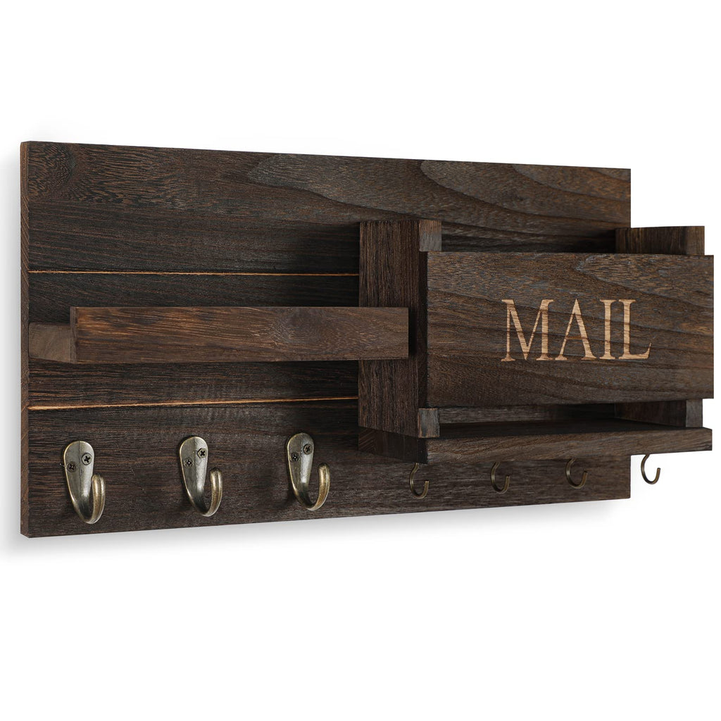 Mail Organizer for Wall Mount – Key Holder with Shelf Includes Letter Holder and Hooks for Hallway Farmhouse Decor – Rustic Wood with Flush Mounting Hardware (16.5” x 9.1” x 3.4”) (White)