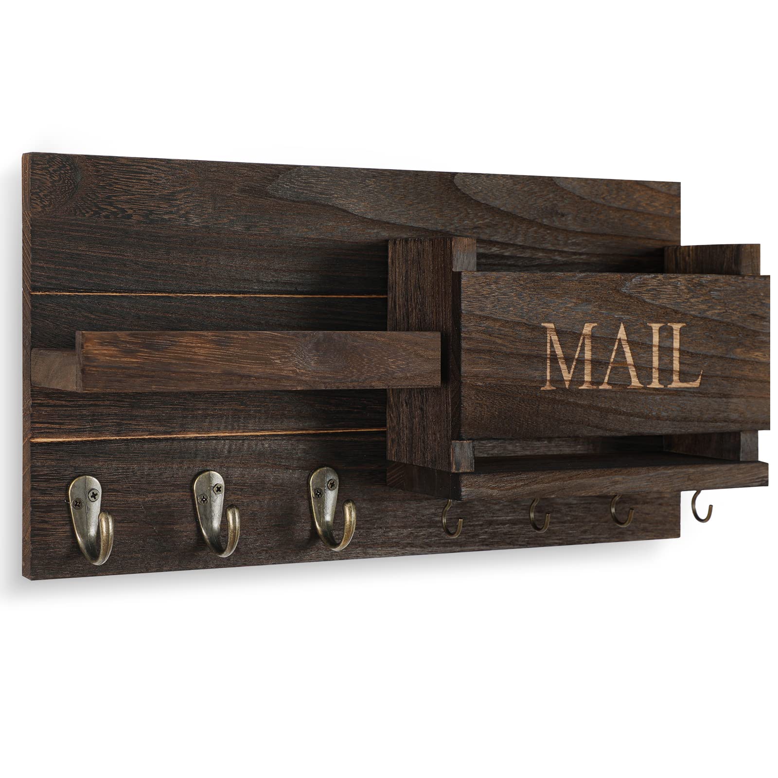Mail Organizer for Wall Mount – Key Holder with Shelf Includes Letter Holder and Hooks for Hallway Farmhouse Decor – Rustic Wood with Flush Mounting Hardware (16.5” x 9.1” x 3.4”) (White)
