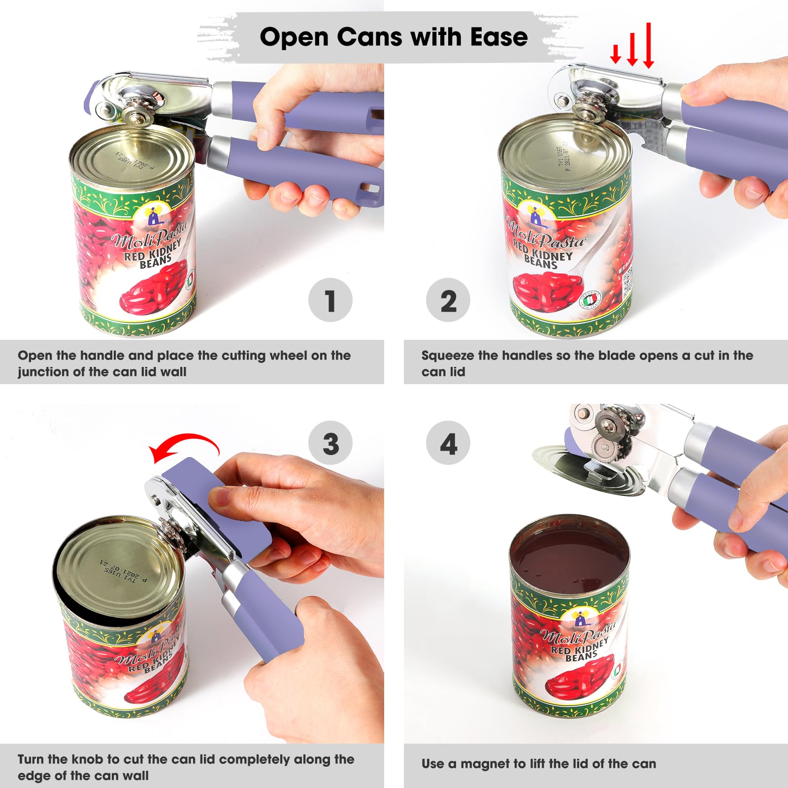 Beneno Heavy Duty Hand Can Opener Manual with Magnet, Durable Sharp Carbon Steel Blade Smooth Cutting, Big Effort-Saving Knob & Soft Grip Handle, Multifunctional Kitchen Tool with Bottle Opener, Green