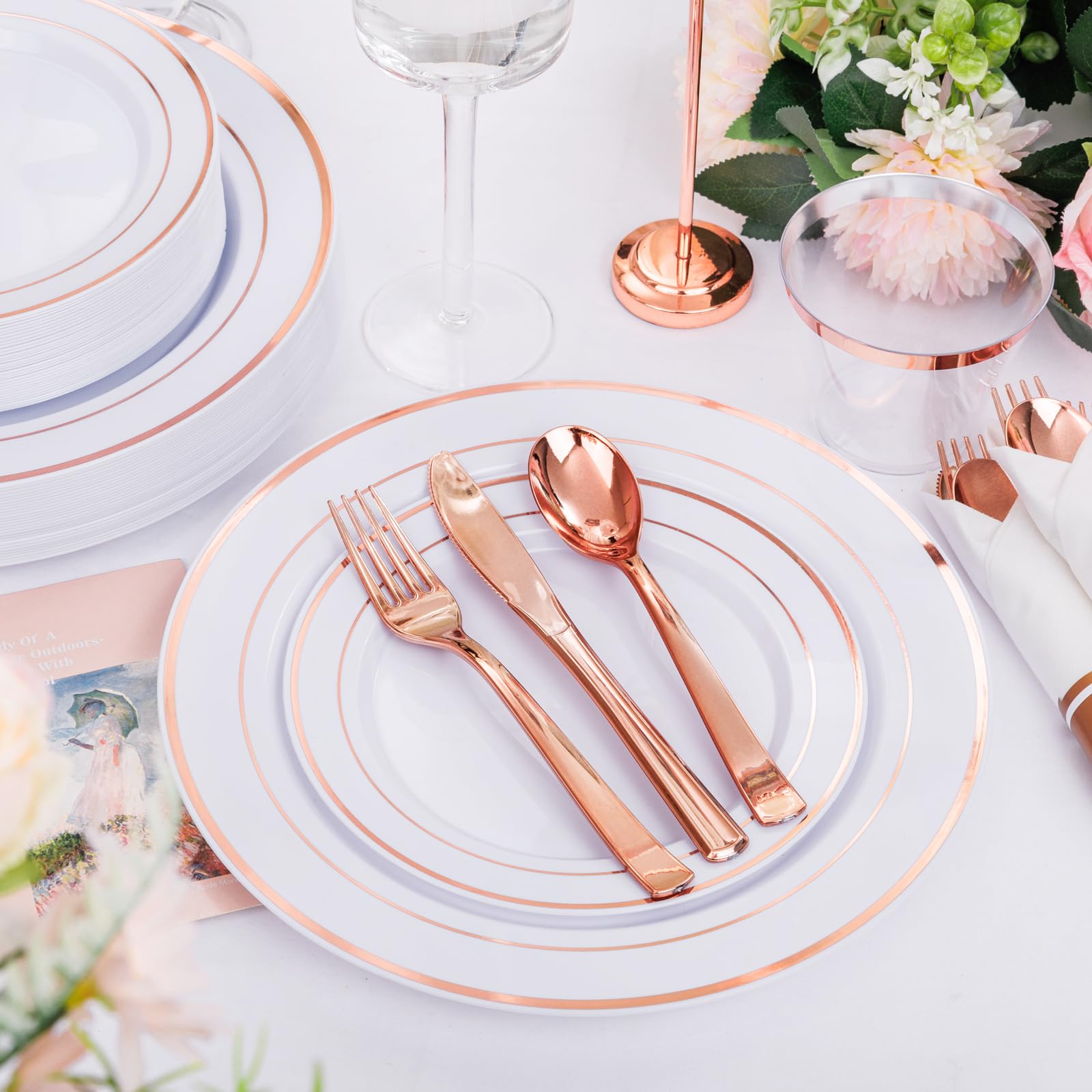 DaYammi 350PCS Gold Plastic Dinnerware Set for 50 Guests, Fancy Disposable Plates for Party, Include: 50 Dinner Plates, 50 Dessert Plates, 50 Pre Rolled Napkins with Gold Silverware, 50 Cups