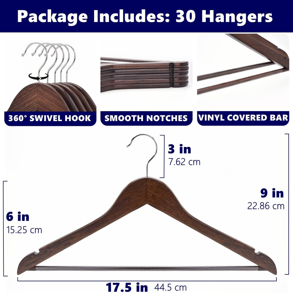 Amber Home 30 Pack Wooden Coat Hangers, Natural Wood Suit Hangers with Non-Slip Pant Bar, Clothes Hangers for Closet Organization, Shirts, Jackets, Dresses, and Pants (Natural, 30)