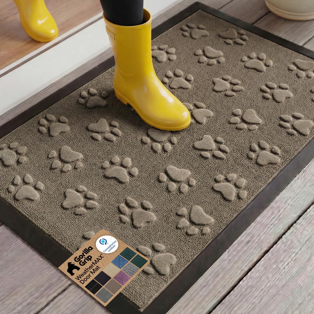 GORILLA GRIP 100% Waterproof All-Season WeatherMAX Doormat US Designed Natural Rubber, Stain Fade Resistant, Low Profile Indoor Outdoor Front Door Mats Outside Entrance, Easy Clean 29x17 Gray Diamond