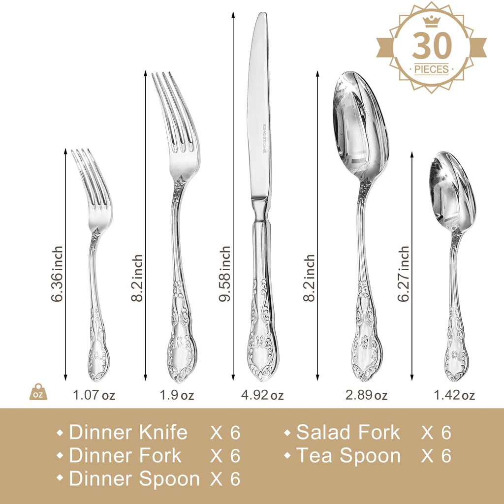 KINGSTONE Vintage Silverware Set, 40-Piece 18/10 Stainless Steel Retro Royal Flatware Cutlery Set for 8 with Carved Thick Handles, Tableware Utensils for Home,Party,Restaurant,Wedding,Dishwasher Safe