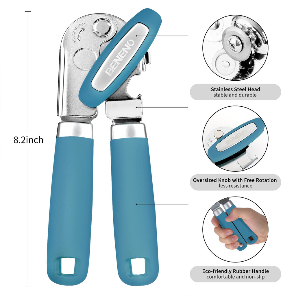 Beneno Heavy Duty Hand Can Opener Manual with Magnet, Durable Sharp Carbon Steel Blade Smooth Cutting, Big Effort-Saving Knob & Soft Grip Handle, Multifunctional Kitchen Tool with Bottle Opener, Green