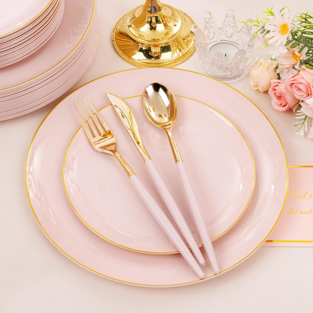 DaYammi 150Pcs Gold Plastic Plates with Disposable Silverware,White Gold Disposable Dinnerware Set - 30 Dinner Plate,30 Dessert Plate,90 Gold Cutlery with White Handles,Fancy Plates for Party Wedding