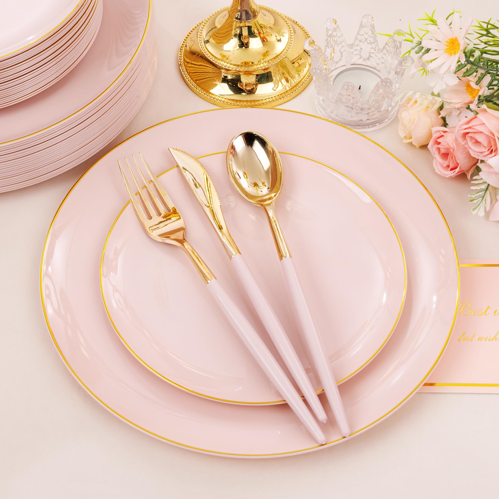 DaYammi 150Pcs Gold Plastic Plates with Disposable Silverware,White Gold Disposable Dinnerware Set - 30 Dinner Plate,30 Dessert Plate,90 Gold Cutlery with White Handles,Fancy Plates for Party Wedding