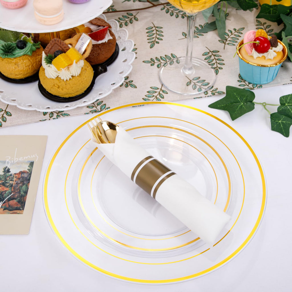 DaYammi 350PCS Gold Plastic Dinnerware Set for 50 Guests, Fancy Disposable Plates for Party, Include: 50 Dinner Plates, 50 Dessert Plates, 50 Pre Rolled Napkins with Gold Silverware, 50 Cups