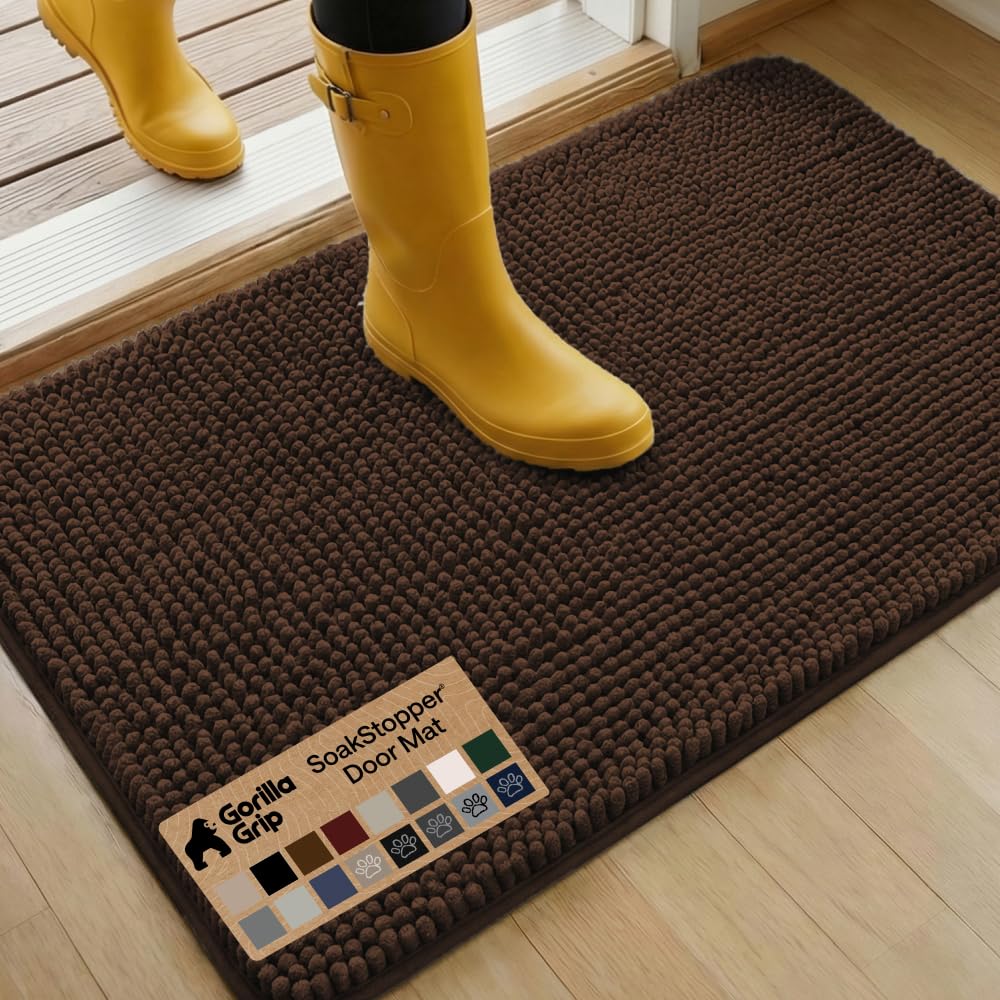 GORILLA GRIP SoakSTOPPER Dog Door Mat, Machine Washable Rug Absorbent Doormat Captures Moisture Mud Dirt, Quick Dry Soft Chenille Entryway Rugs Indoor Entrance Mats for Dog Paws, 24x17 Grey